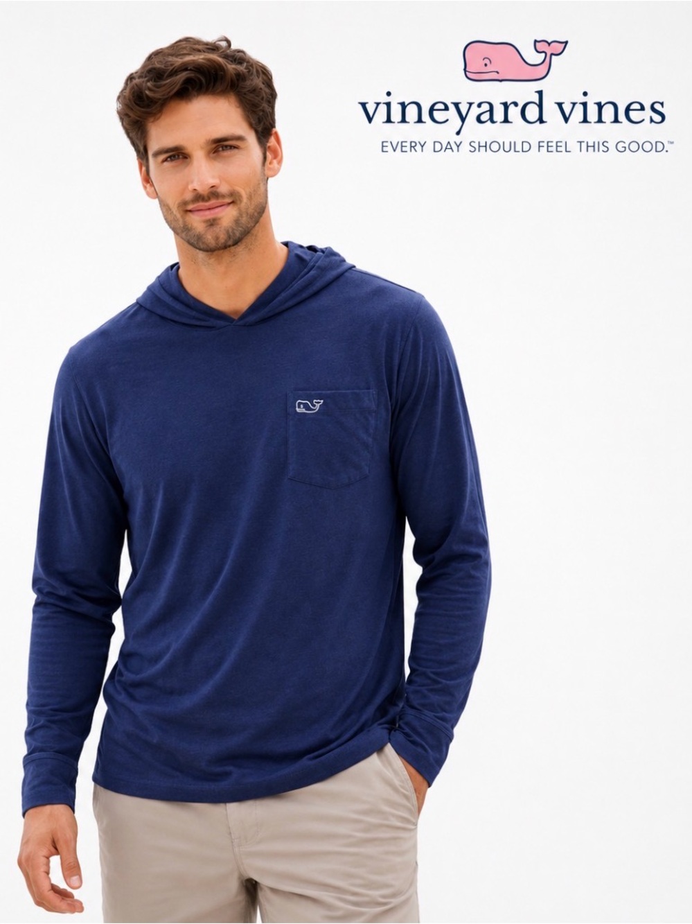 Vineyard Vines Edgartown Hoodie Tee XS Blue Pima Cotton Lightweight Pocket Logo